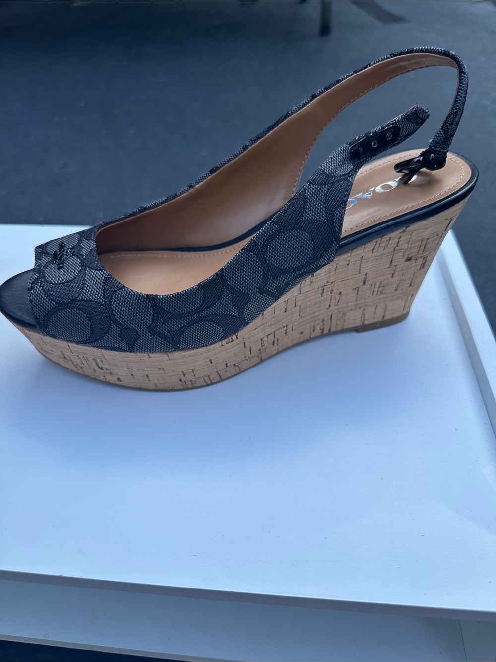 COACH Black Signature Logo Cork Wedge Slingback Sandals - Picture 3 of 4